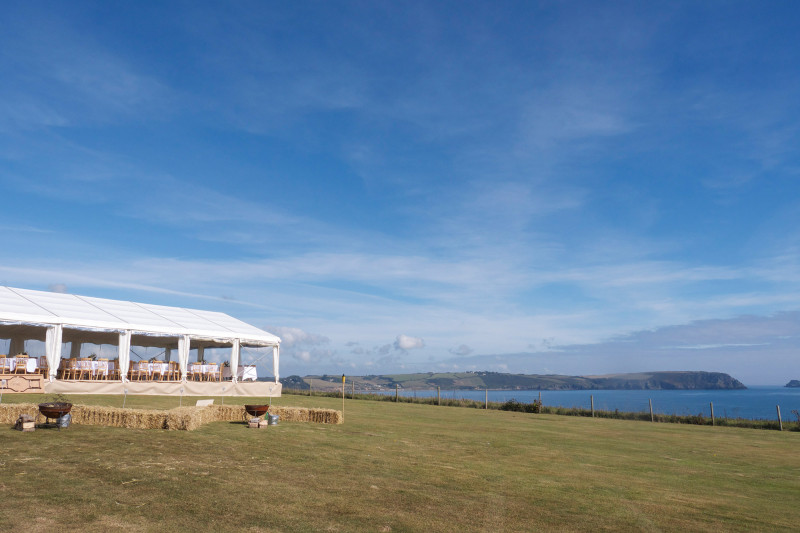 Photo of the outdoor space outside of the dining area at a wedding catered by Beetham Food.